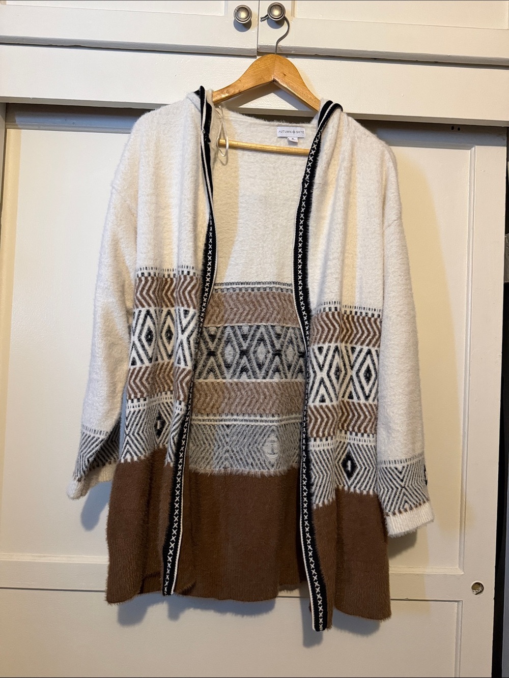 Hooded Open Aztec Knit Cardigan - Cream & Brown
